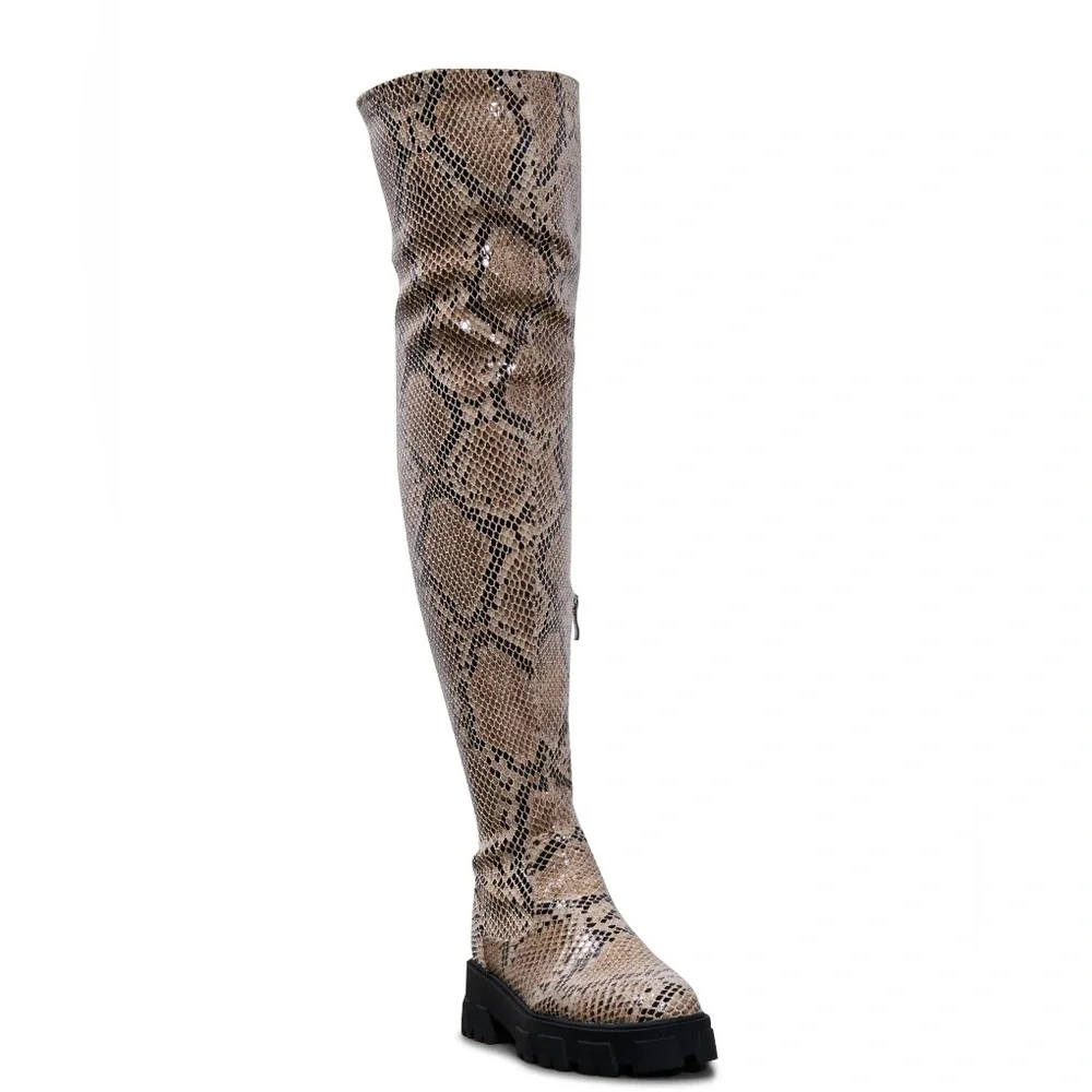 AZALEA WANG Brown Snake Print Thigh High Boots